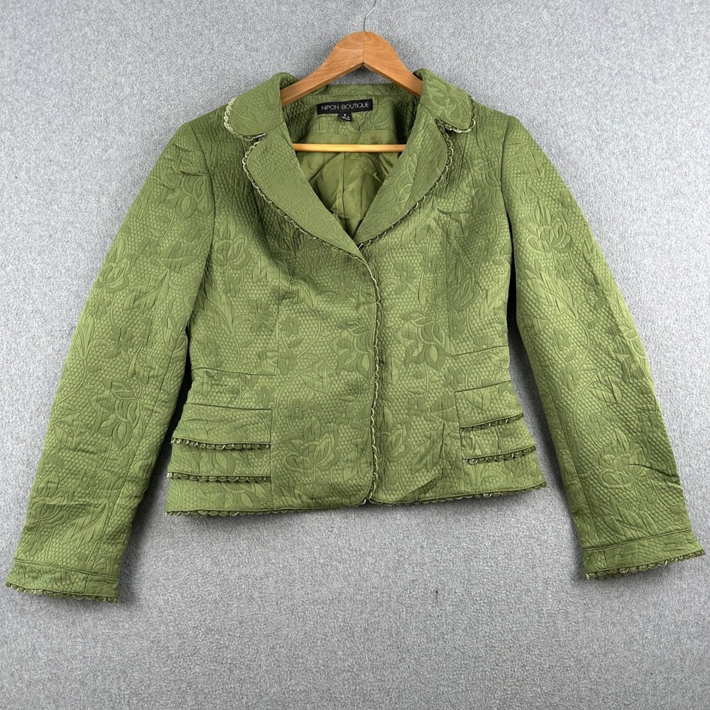 Nipon Boutique Jacket Womens 8 Green Blazer Floral Matelasse Lace Trim 7DK53C053